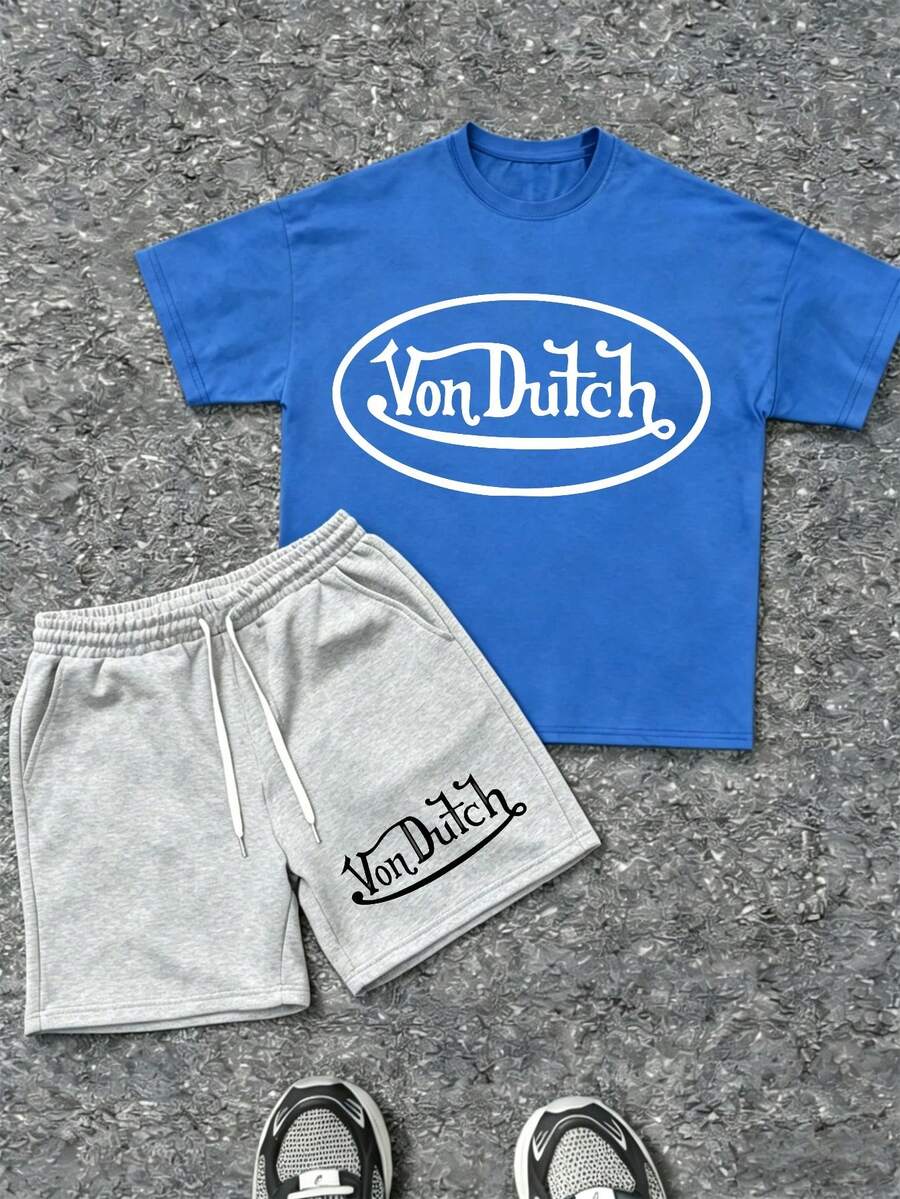 Mens Creative T Shirt And Shorts Set American Vintage Full Print Street Wear Essential T Shirt Set Men Graphic T Shirt And Shorts Set With Vonn Dutch Originals Logo Print - 藍色 - 查看 1