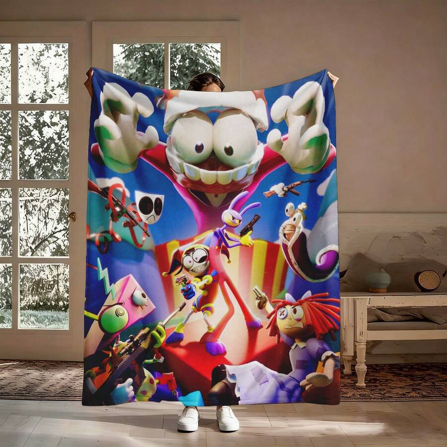  1PC A-Amazing D-Digital Anime Circus Cozy Super Soft Flannel Blanket, Flannel Throw Blanket 50"X60" - Printed With Purple Blue Neon Gradient Background, , Jax, Gangle, King, One-Eyed Monster, Jagged Teeth, Clown Nose, Tapestry Wall Hanging, Digital Circus Fan Gift, Room Decor For Bedroom Or Dorm -280gsm - Nhiều màu 8 - Xem 1