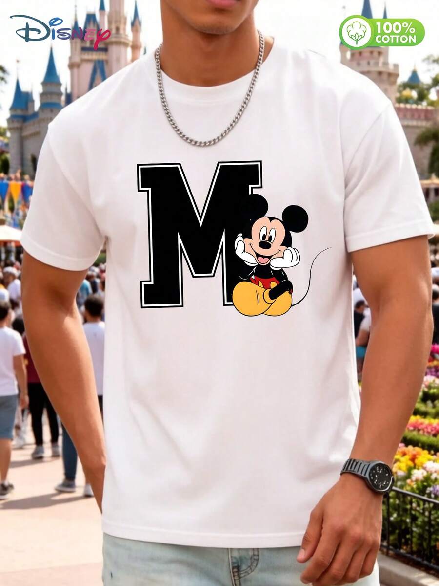 Disney Mickey Mouse "M" Logo 100% Cotton Graphic Tee – Casual Streetwear For Men - trắng - Xem 1