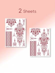 2 Folhas de Tatuagens Temporárias de Henna Vermelha, Adesivos de Mehndi Mandala de Rosas à Prova d'Água para Mãos, Pulsos e Braços, Arte Corporal Boêmia - Vermelho - Ver 9
