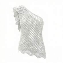 Áo len nữ móc thủ công đa năng, có họa tiết bèo nhún/diềm xếp, thích hợp mặc đi biển và mặc thường ngày vào mùa xuân và mùa hè. - trắng - Xem 7