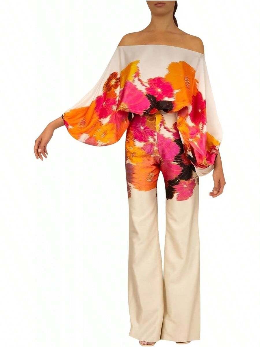 Off Shoulder Jumpsuit For Women, Multiple Colors Geometric Print Lantern Sleeve One Piece, Evening Party Glamorous Formal Outfit - Orange - View 1