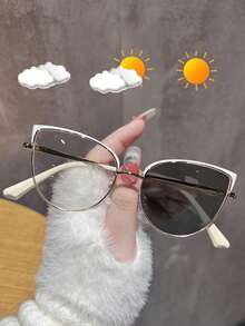 1 Pair Metal Round Cat Eye Frame Glasses For Women, Suitable For Indoor Computer Reading & Outdoor Photochromic, Spring Hinges Design, Silk Fashion - Black - View 11