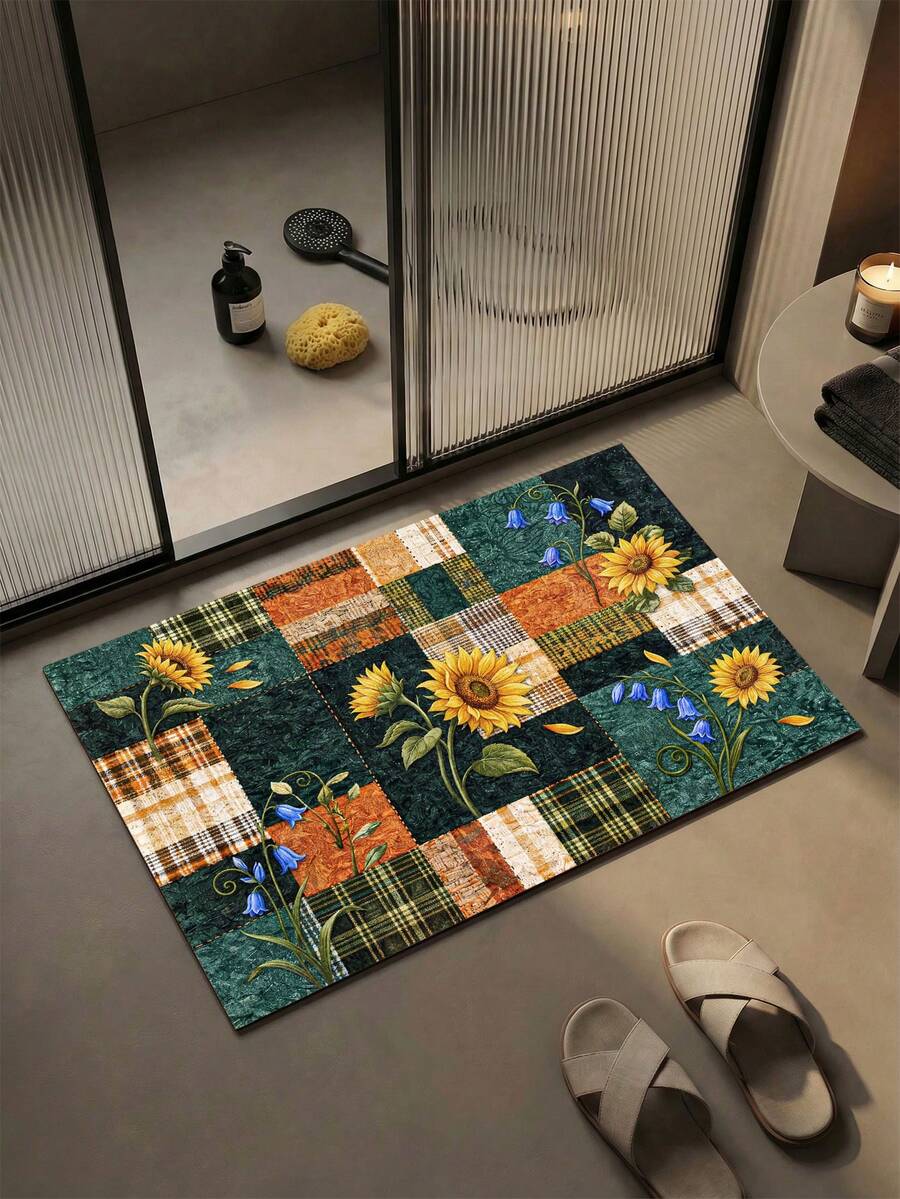 1 pieza Alfombra de baño con estampado floral multicolor, diseño fresco de girasol, respaldo de goma antideslizante, absorbente y antideslizante, decoración del hogar, alfombra de cocina, apta para baño, cocina y entrada - Multicolor - Ver 1
