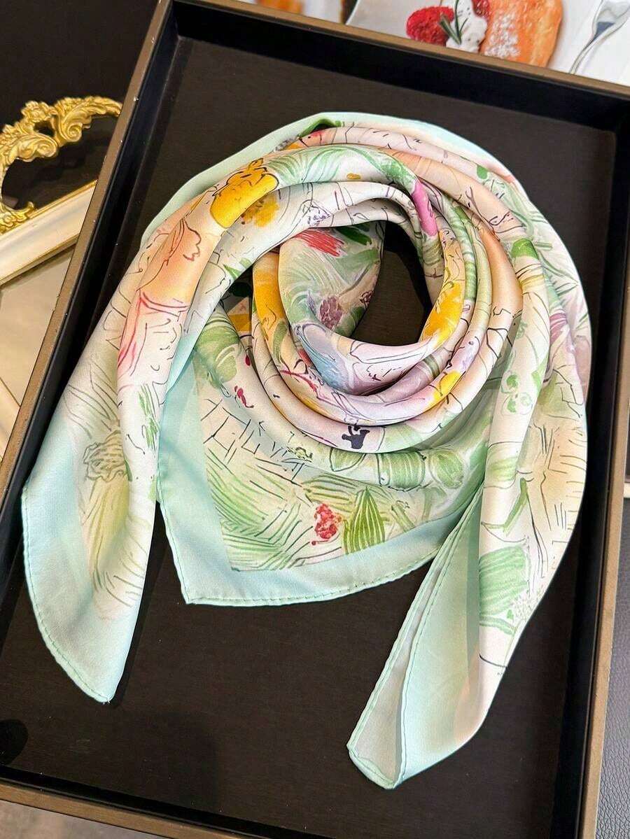 1pc Women's Elegant Retro Printed Lightweight Satin Square Faux Silk Scarf, Bohemian Style Casual Ladies Neck Scarf, Shawl, Thin & Comfortable Women's Headscarf, Suitable For Spring/Summer Daily Wear And Outings - 多色 8 - 查看 1