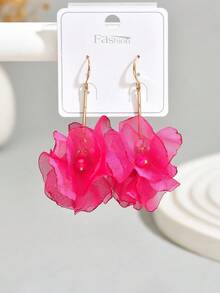 1 Pair Women's Sweet Elegant Fabric Flower Long Earrings, Suitable For Daily Wear (Bead Color Random) - Rose Red - E1335 - View 4