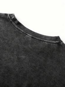 100% Washed Versatile Round Neck Short Sleeve T-Shirt For Summer With Casual Print Design - Black - View 4
