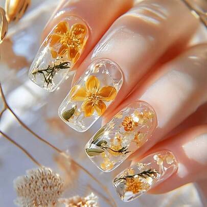 24pcs Medium-Sized European Square False Nails, Luxury Transparent Yellow Floral Design, Removable Full Coverage Nail Tips Suitable For Party, Wedding, Daily Wear