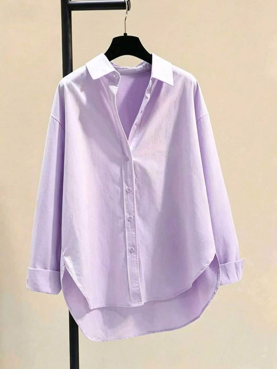 Minimalist Lapel Long Sleeve Loose Women's Shacket, Featuring Shirt Collar And Asymmetric Hem Design Spring - Light Purple - View 1