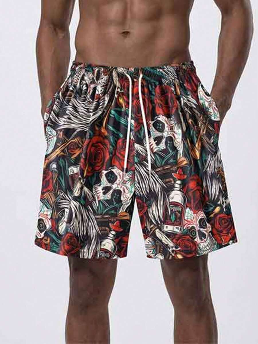 1pc Men's Versatile Floral & Skull Print Outdoor Drawstring Shorts Sports - Black - View 1