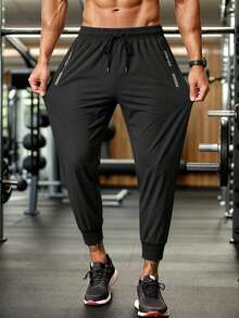 3pcs Men's Summer Ice Silk Breathable Drawstring Waist Pants, Fashion Contrast Color Zipper Pockets, Lightweight Suitable For Outdoor Wear, Elastic Sports Trousers, Quick-Dry Sweat-Wicking, Suitable For Outdoor Jogging, Cycling, Daily Commute - Multicolor - View 5