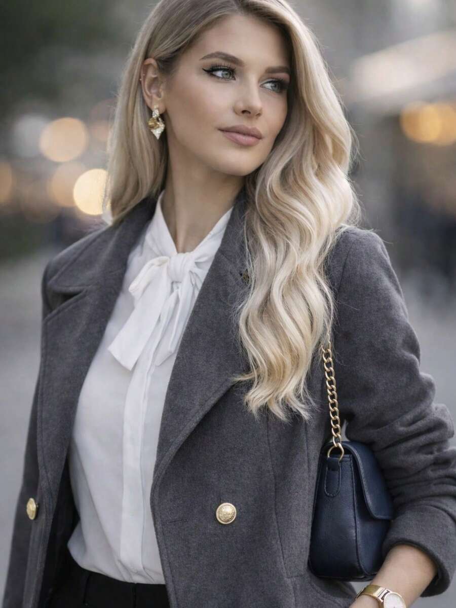 Women's Formal Blazer With Buttons And Pockets - Elegant, Sophisticated, Premium Fashion - Xám - Xem 1