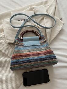2pcs Rainbow Striped Woven Handbag Set, Women's Fashion Straw Shoulder Bag & Tote - Multicolor - View 6