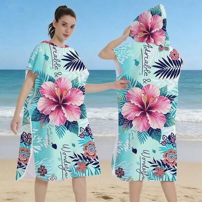 1pc Lightweight Quick-Dry Tropical Plant Print Hooded Poncho Towel - Adult Polyester Hooded Beach Robe - Hooded Beach Towel Poncho - Fast Drying, Highly Absorbent, Compact, Ideal For Swimming And Gifting - Soft & Comfortable Towel Poncho, Multipurpose Beach Towel, Beach Essential, Travel Accessory