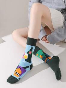 1 Pair Unisex Assorted Color Asymmetric Design Novelty Cartoon Crew Socks - Multicolor - View 10