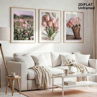 3 Tranh treo tường hoa màu hồng, tranh vẽ hoa tulip thanh lịch, tranh hoa anh đào trang trí, tranh nghệ thuật thực vật trang trí mùa hè trang trí phòng khách không khung