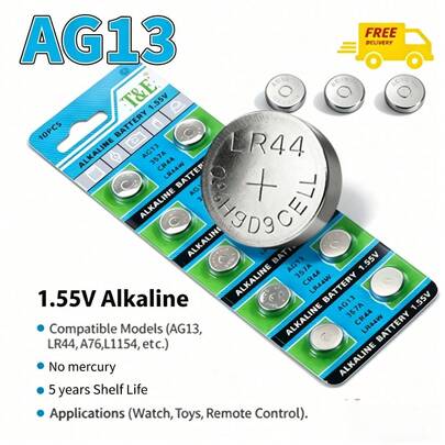 1.55V AG13 LR44 A76 纽扣电池（散装），适用于手表、玩具、遥控器、L1154 RW82 SR1154 SP76