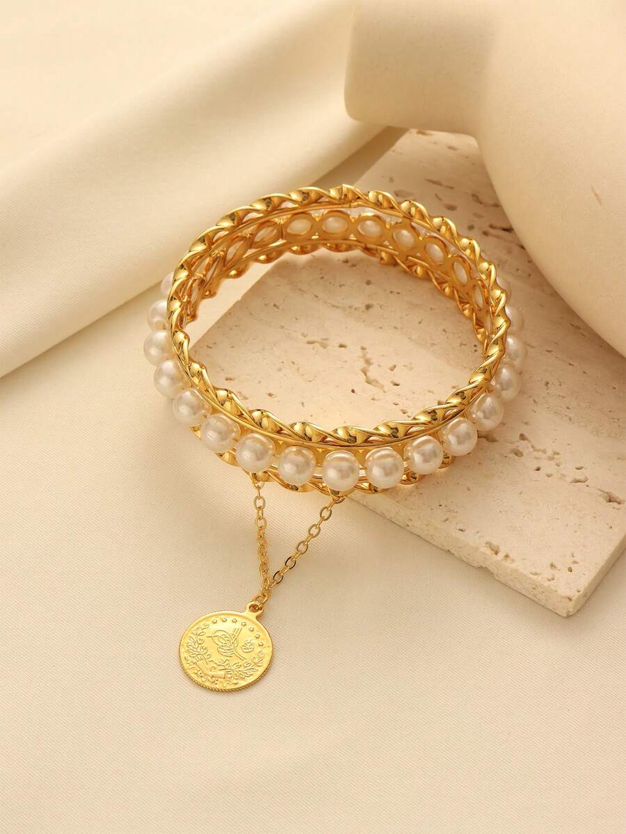 1 chiếc vòng tay mặt dây chuyền hình đồng xu mạ vàng bằng hợp kim đồng, đính ngọc trai giả, kiểu dáng dễ thương, thích hợp cho nữ giới đeo hàng ngày, làm quà tặng ngày lễ. - Vàng - Xem 1