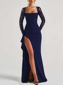 Women's Elegant Lace Slit Sexy Party Nightclub Holiday Wedding Long Dress - Navy Blue - View 3