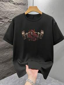 GYM REAPER 破舊感鐮刀印花男士寬鬆圓領健身訓練上衣，美式硬派運動裝，黑色夏季款 - 黑色 - 查看 5