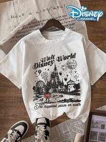 Disney License T Shirts, Disney Walt Disney World Sketch Castle Graphic T-Shirt, Women's Casual Crew Neck Short Sleeve Tee, Vintage Disney Parks "The Happiest Place On Earth" Print Cotton Top, Nostalgic Theme Park Casual Summer Everyday Shirt ,Camiseta, Summer Outfits For Women, Summer Clothes, Summer Tops, Tops For Women, Festival Outfits, Summer Tops For Women, Mother's Day, Mother's Day Clothing, Gifts For Family And Friends, Spring Outfits For Women, Officially Licensed Disney T-Shirts, Disney Men's And Women's Spring/Summer Fashion Casual Short-Sleeve T-Shirts - White - View 1