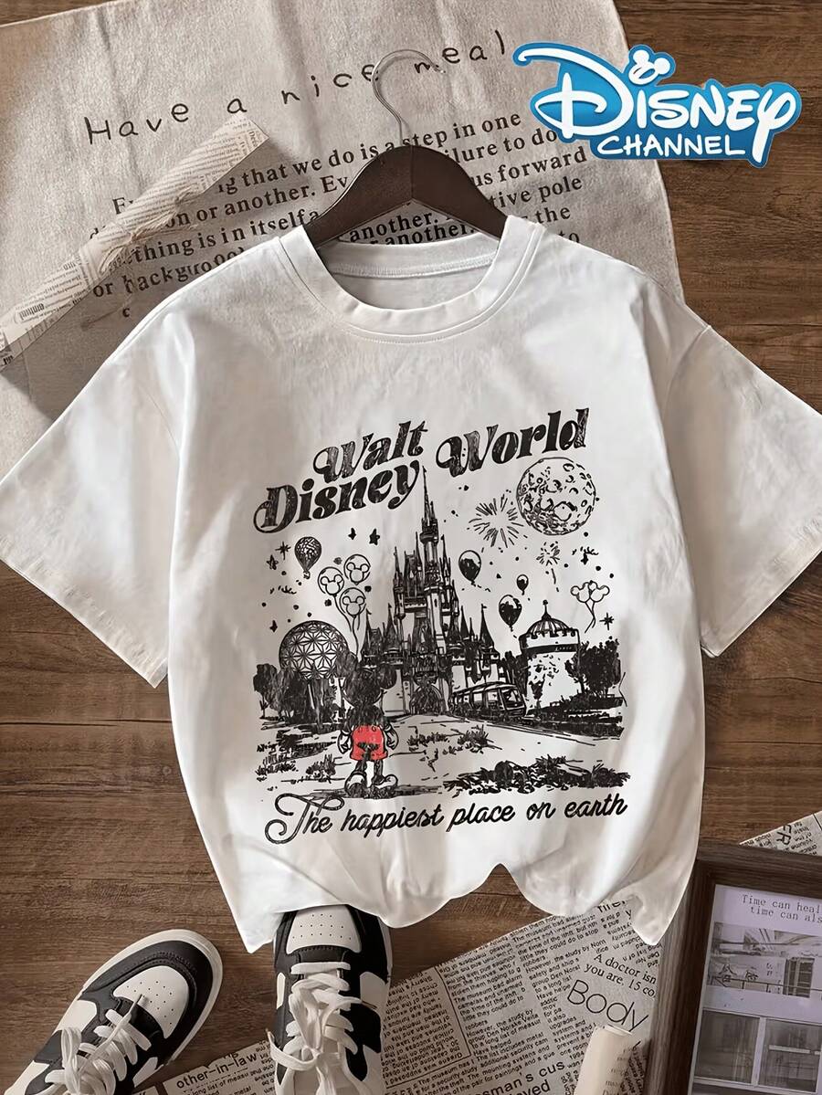 Disney License T Shirts, Disney Walt Disney World Sketch Castle Graphic T-Shirt, Women's Casual Crew Neck Short Sleeve Tee, Vintage Disney Parks "The Happiest Place On Earth" Print Cotton Top, Nostalgic Theme Park Casual Summer Everyday Shirt ,Camiseta, Summer Outfits For Women, Summer Clothes, Summer Tops, Tops For Women, Festival Outfits, Summer Tops For Women, Mother's Day, Mother's Day Clothing, Gifts For Family And Friends, Spring Outfits For Women, Officially Licensed Disney T-Shirts, Disney Men's And Women's Spring/Summer Fashion Casual Short-Sleeve T-Shirts - White - View 1