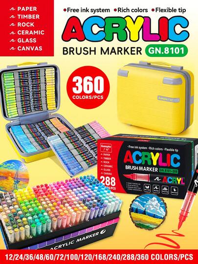 Penne a inchiostro liquido automatico GuangNa Direct, disponibili in 12-408 colori, flusso di inchiostro fluido, colori impilabili, copertura forte, facile da usare, adatte per tela, pittura su roccia, legno, pietra, vetro, ceramica, pittura tessile, artigianato, con custodia e borsa per il trasporto per una comoda conservazione e portabilità