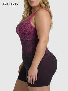 Plus Size Women's Gradient Seamless Compression Yoga Jumpsuit, Scoop Neck Sleeveless Tummy Control Lifting Ribbed Knit Bodysuit, Summer Stylish Gym Workout Fitness Wear - Multicolor - View 6