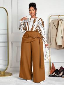 BIUBIU Plus Size Women's Brown 2 Pieces Set, Round Neck Top And Pants, Fashionable Non-Stretch Outfit Spring Vacation Elegant - Brown - View 5