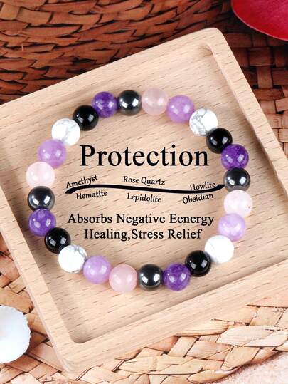 1pc Elegant Natural Stone Protection Bracelet- Amethyst, Lepidolite & Rose Quartz Women's Beaded Bracelet, Love, Anxiety, Courage, Energy Healing Jewelry Perfect For Daily Wear & Gift Giving