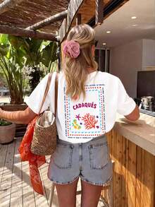 Plus Size Women's Casual Vacation Round Neck T-Shirt, Comfortable Breathable Fabric, Suitable For Spring/Summer Outings, Loose Fit Flattering Silhouette, Best Choice For Holidays And Travels. White - White - View 3