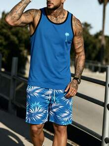 Conjunto de top sin mangas y pantalones cortos con cordón en la cintura con estampado tropical de palmeras para vacaciones de verano de hombres - Azul - Ver 2