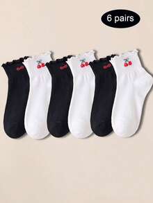 3/6 Pairs Cherry Patterned Women Short Socks, Women Spring/Summer Ankle Socks, Frill Trim White Women Short Socks, Floral Lace College Style Student Socks - Multicolor - View 12