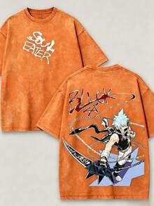 Soul Eater - Black Star Anime Washed T-Shirt, Double-Sided Cotton, Unisex Design, Japanese Manga Merchandise, Men's T-Shirt - 橘色 - 查看 3
