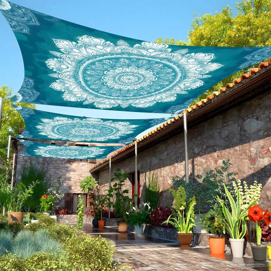 1pc Indigo Mandala Bohemian Print Outdoor Sun Shade Cloth, Camping Canopy, Sun Shelter For Garden, Patio, Beach, Camping, Picnic (Poles Not Included) - Indigo Datura - View 1