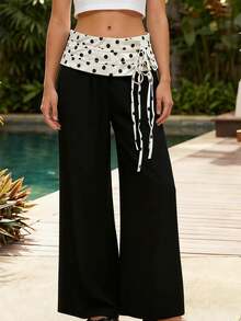 Black  White Polka Dot Fold Over Pants For Women, High Waist Wide Leg With Relaxed Fit, Coquette French Girl Style Summer Trousers, Ideal For Daily Wear And Street Style - 黑色 - 查看 4