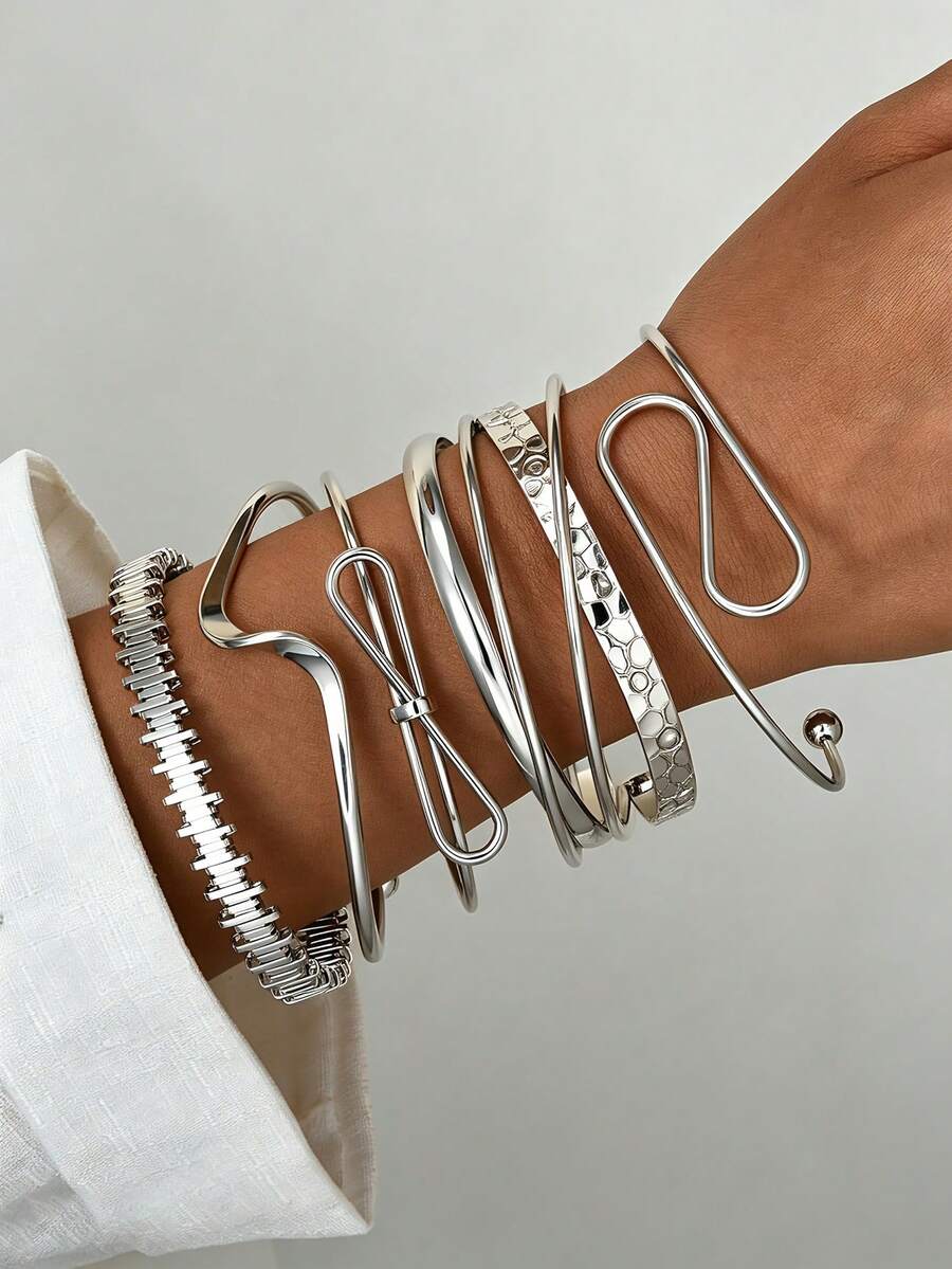 6pcs Vintage Exaggerated Luxurious Geometric Twisted Line Design Women Metal Bangle Set, Suitable For Daily Wear And Gift - Silver 9 - View 1