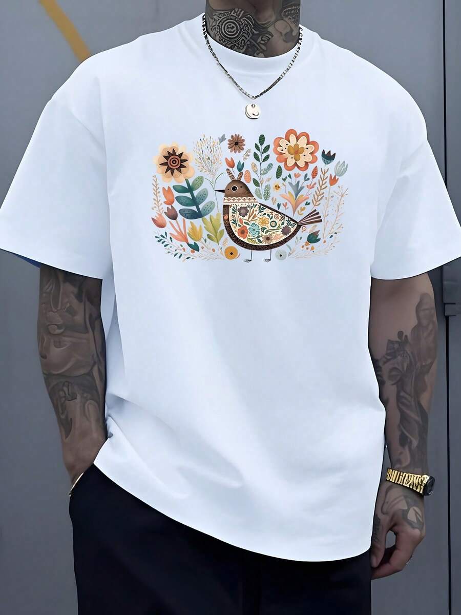 A Bird Adorned With Colorful Flowers Symbolizing Joy And Freedom, Surrounded By Leaves And Vibrant Nature, Evoking Harmony And Freshness, Inspiring A Connection With The Natural World. A Modern, Casual, Comfortable, And Refreshing Men's T-Shirt For Everyday Wear. - 白色 - 查看 1