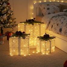 Juego de 3 Cajas de regalode Navidad con luz LED, Decoraciones para Regalos o Regalos de Exterior, Bajo El Árbol de Navidad Paquetes para Fiestas de Interior (Multicolor-C) - Blanco - Ver 5