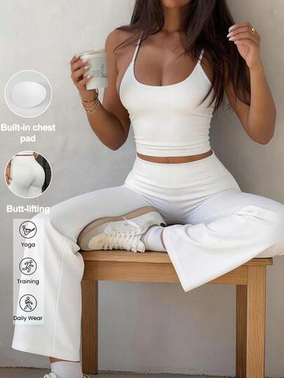 Aoqta Sports Women's Summer Casual Solid Color 2-Piece Set, Fitted Backless With Chest Pad Camisole And High-Waisted Flare Pants, Minimalist Basic Outfit Suitable For Yoga, Running, Workout, And Daily Wear