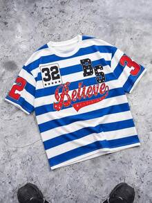 FRACTYR 男士夏季休闲复古美式蓝白条纹棒球衫 T 恤，宽松版型字母图案街头时尚上衣 - 藍色 - 查看 4