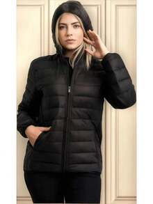 Women's Nylon Puffer Jacket With Removable Hood - Winter - Black - View 1