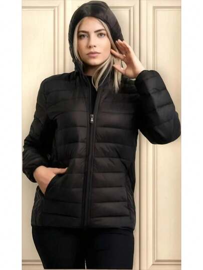 Jaqueta Nylon Puffer Feminina Com Capuz Removivel Inverno