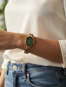 Women's Watches, Mini Models, With Rhinestones, Luxury Fashion, Ideal For Parties And Graduations - Gold/Green - View 1