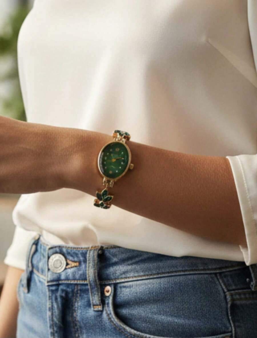 Women's Watches, Mini Models, With Rhinestones, Luxury Fashion, Ideal For Parties And Graduations - Gold/Green - View 1
