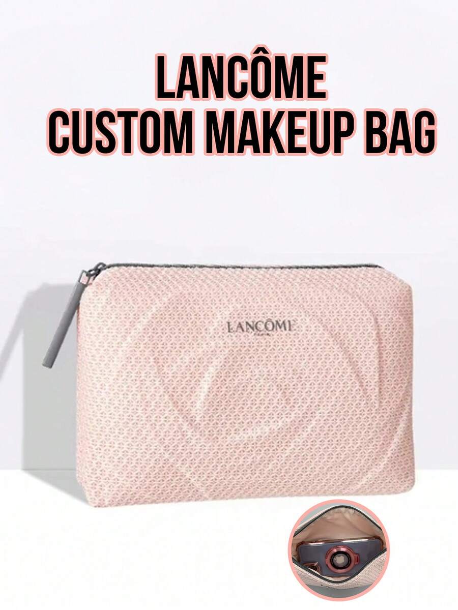 Lancôme 粉色化妝包，柔軟布料拉鍊開合，大容量，便攜輕巧，可收納護膚品與化妝品