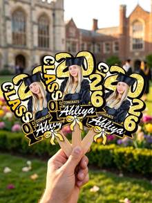 1pc Customized Photo & Text Gold Glitter Graduation Hand Fan, Personalized 2026 Graduation Gift, Wooden Or Acrylic Options, Graduation Party Decor, University Graduation Photo Prop - Multicolor - View 8