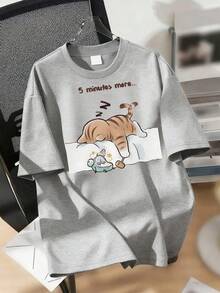 5 Minutes More 可愛貓咪印花圓領女款大尺碼夏季休閒上衣，短袖袖口印花，適合日常穿著、海邊度假、情人節、嘉年華、畢業季、畢業典禮，適合與家人朋友搭配，適用於外出、旅行、假日、海灘、派對、生日、開學、音樂節、通勤、送禮、健身、WGS、新年、春季、夏季、度假 - 淺灰色 - 查看 5