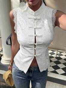 Solid Color Front Button Hollow Lace Patchwork New Chinese Style Button Design Sleeveless Top White Summer - White - View 4