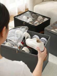 Space-Saving Foldable Shoe Box With Lid With Clear Window Sturdy Dust-Proof Storage Box For Unisex Adults Sleek Foldable Fabric Shoe Storage Box Ideal For Under Bed Shoe Bag Travel Essential Storage Cruise Must Haves Organizer Vacation Essentials College Dorm Room Accesoires Organziers Necessities - Multicolor - View 3